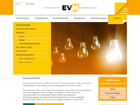 Programmierung und Wartung der Internetseite der Energieversorgung Marienberg Gmbh | Webdesign Marienberg